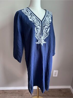 Linen Navy Tunic Dress White Embroidered V-Neck slits at sides summer